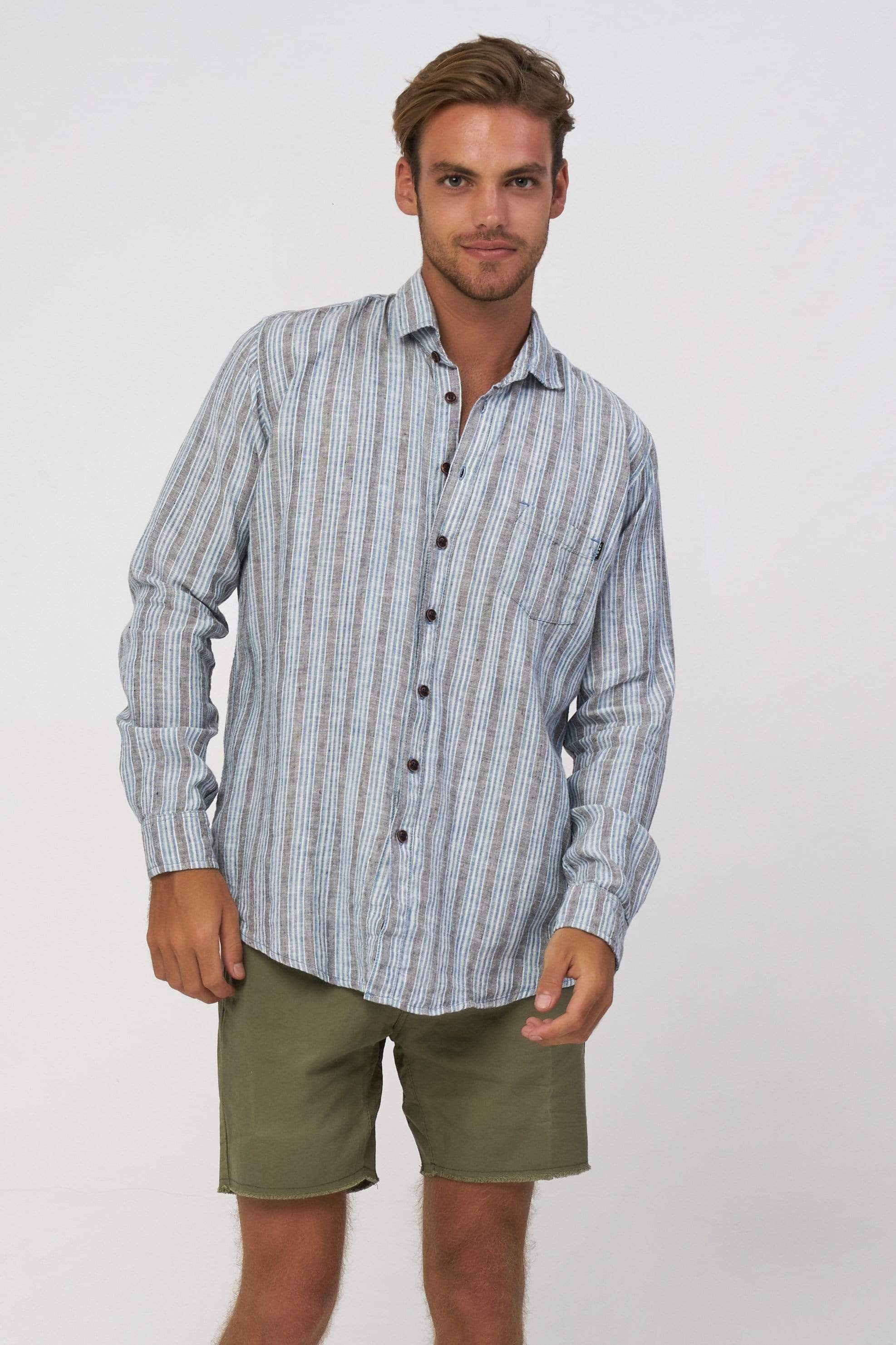 Linen V Stripe Ls - Man Shirt - LOST IN PARADISE