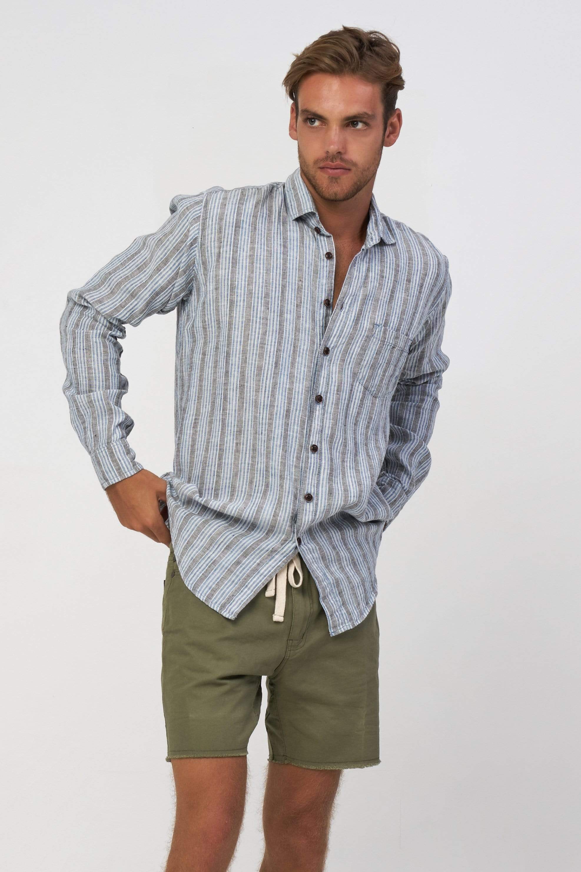 Linen V Stripe Ls - Man Shirt - LOST IN PARADISE